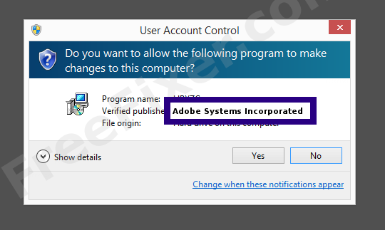 Screenshot where Adobe Systems Incorporated appears as the verified publisher in the UAC dialog